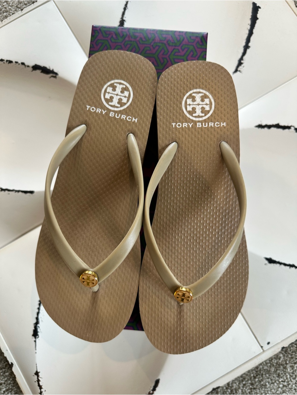 Authentic Tory Burch Taupe Logo Flip Flops with Gold Medallions
